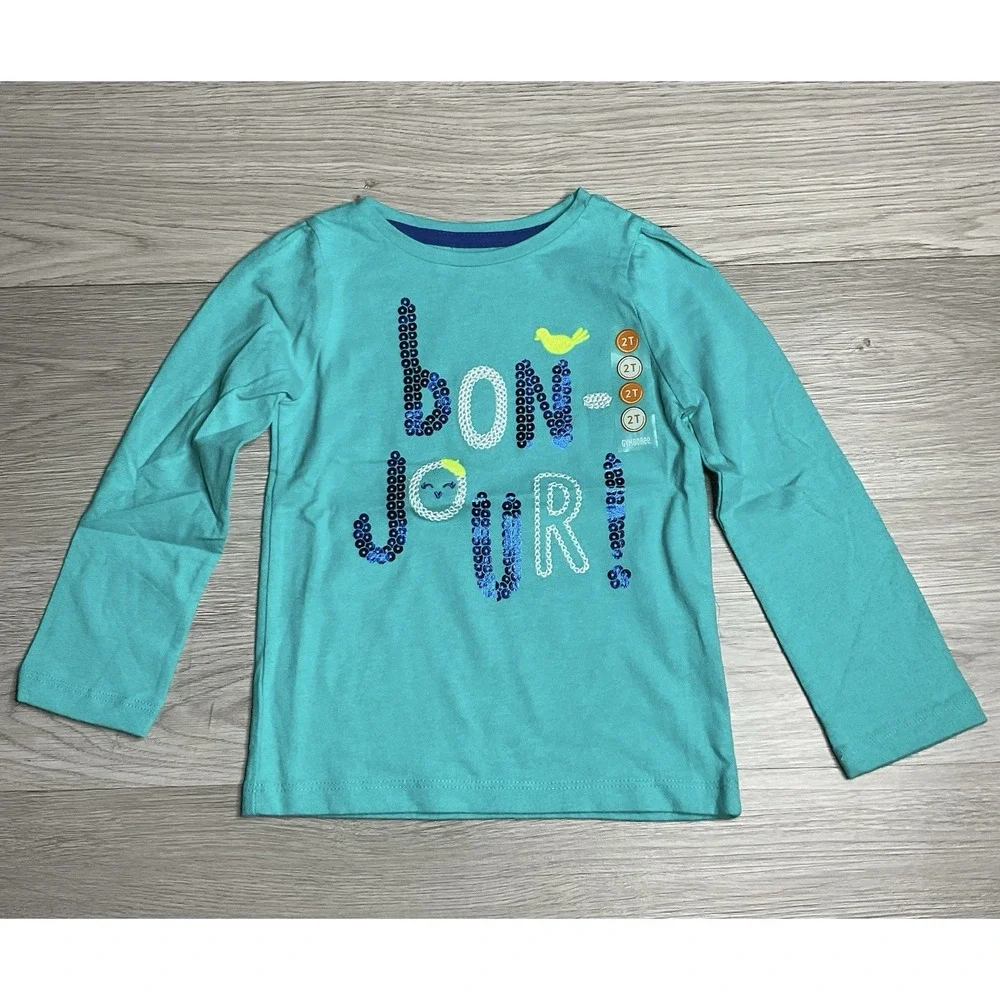 Gymboree Girls Teal Sequin Bonjour Graphic Long Sleeve Tee‎ Shirt 2T NWT